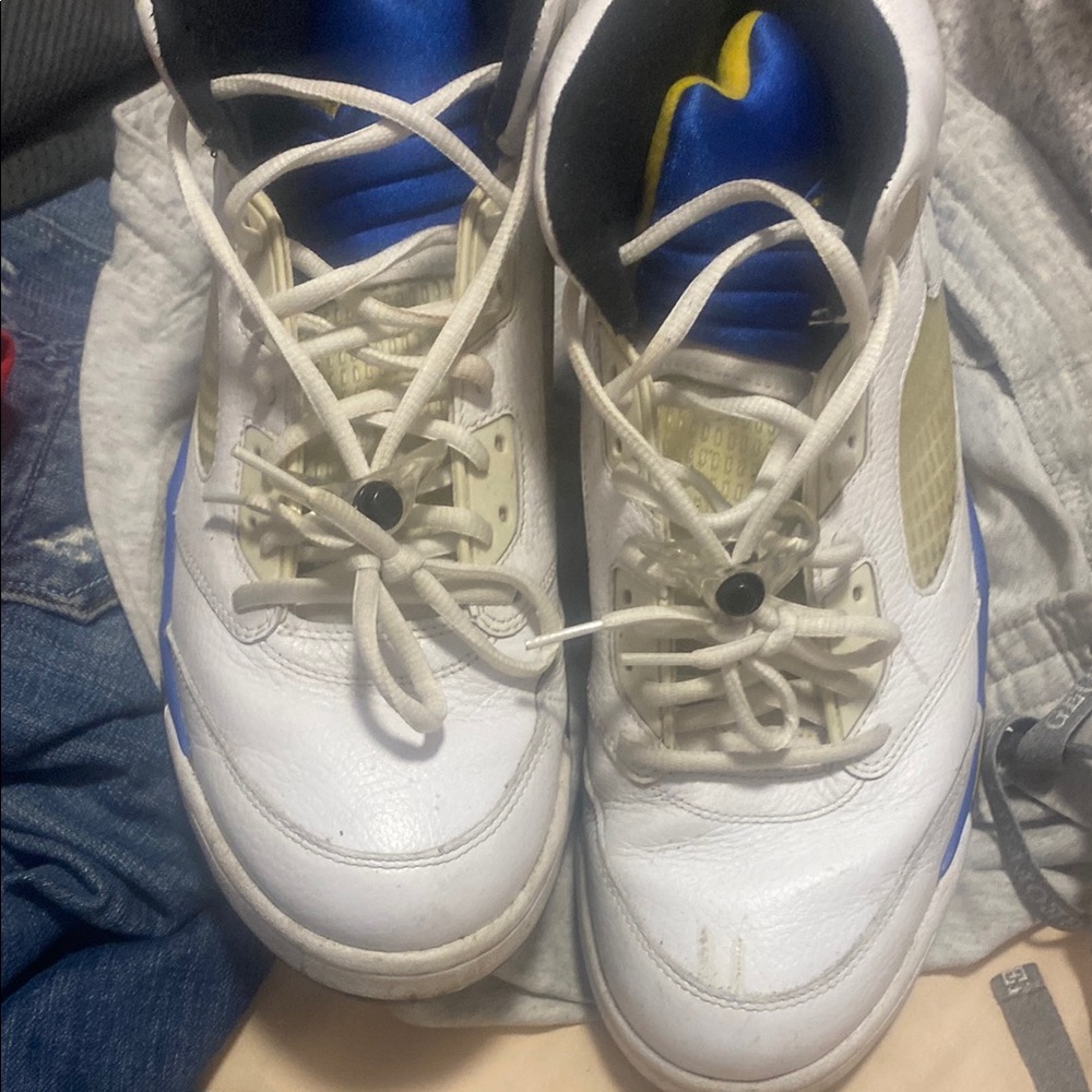 White and Blue Athletic Shoes